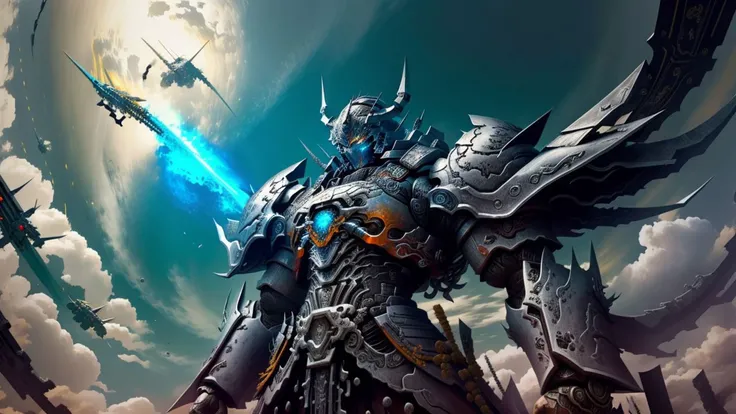 ard surface,samurai,robot,1 robot,zhongfenghua,masterpiece,high quality,cloud,sky,from below,weapon,solo,armor,<lora:mecha(mjstyle):0.7>,<lora:zhongfenghuaxiyou-000018:0.5>,