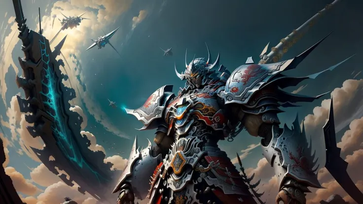 ard surface,samurai,robot,1 robot,zhongfenghua,masterpiece,high quality,cloud,sky,from below,weapon,solo,armor,<lora:mecha(mjstyle):0.7>,<lora:zhongfenghuaxiyou-000018:0.5>,