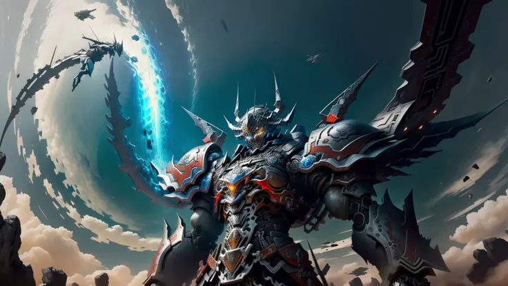 ard surface,samurai,robot,1 robot,zhongfenghua,masterpiece,high quality,cloud,sky,from below,weapon,solo,armor,<lora:mecha(mjstyle):0.7>,<lora:zhongfenghuaxiyou-000018:0.5>,