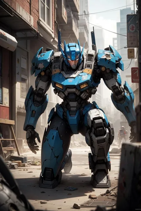 8k wallpaper, masterpiece, bestquality, photorealistic:1.4, ultra-detailed, Cinematic Lighting,((((bloom)))), detailed light, perfect anatomy,dramatic_shadow,ray_tracing,sci-fi,science fiction, illustration,film grain, solo,[(colorful, crystal\\\(materials\\\)):0.7):1], ),(damaged robot, ), scratches, dust,one knee,shattered ground,ruined cyborg city background,glowing blue eyes,glowing LEDs robot, mecha,optimus prime,