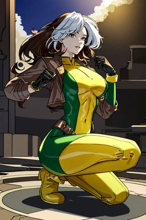 CARTOON_X_MENs_Rogue,ownwaifu, long hair,breasts,brown hair,green eyes,lipstick,makeup,lips,white hair,two-tone hair,headband,wavy hair,large breasts,messy hair,curly hair,big_hair, yellow bodysuit,jacket,gloves,belt,yellow gloves,green bodysuit,bodysuit,multicolored bodysuit,superhero, skin tight,multicolored clothes, 1girl, solo, looking at viewer,straight-on, upper body, official art, highres, scenery, (masterpiece:1.1), (best quality,:1.1), (high quality:1.1), (anime screencap:1.2), cameltoe, (very tigth clothes detailing breasts niples and shaved pussy):2, full body perspective view.
