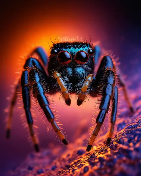 Jumping Spider, Beautifully Lit, Warm lighting, cinematic lighting,   <lora:dare_blacklight_dances:1> blacklight photography, vibrant hues, ethereal swirl