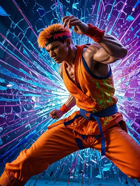 Vector Art, glamourous Hawk, dramatic lighting, 80mm, epic, photo, <lora:dare_blacklight_dances:1> blacklight photography as a street fighter character, Shattered glass reflecting vibrant hues, dances in an ethereal swirl