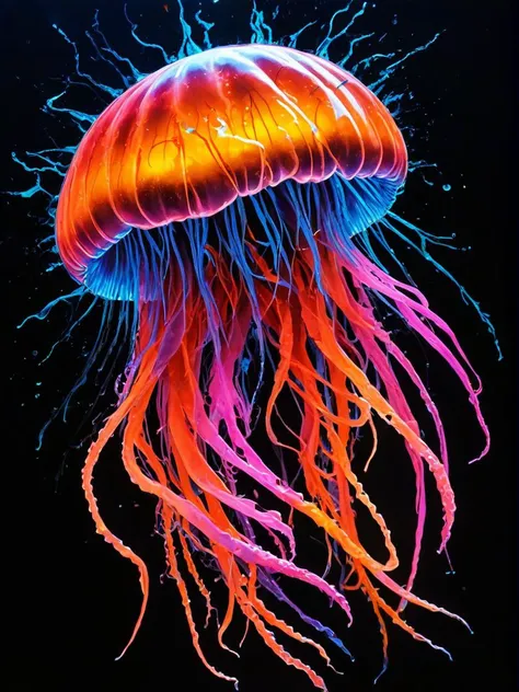 On pale black paper, Color splash, Drawing, (Jellyfish:1.1) , very beautiful and good-looking, at Blue hour, Selective focus, Kinemacolor, <lora:dare_blacklight_dances:1> blacklight photography as a street fighter character, Shattered glass reflecting vibrant hues, dances in an ethereal swirl
