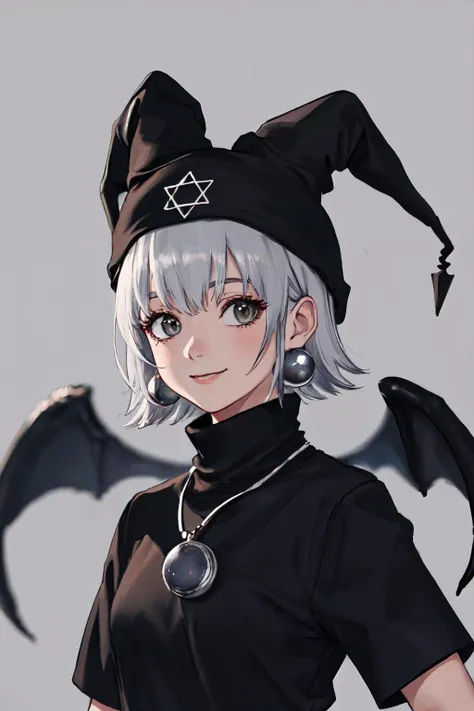 <lyco:MayuraV1-10:0.5>short hair.jester cap,jewelry,hat,plaid,hexagram.grey hair,wings, digital world, black cloth,
(best quality, masterpiece, RAW photo,ultra-detailed:1.2), <lyco:GoodHands-beta2:1.0>,1girl,solo,looking at viewer,smile