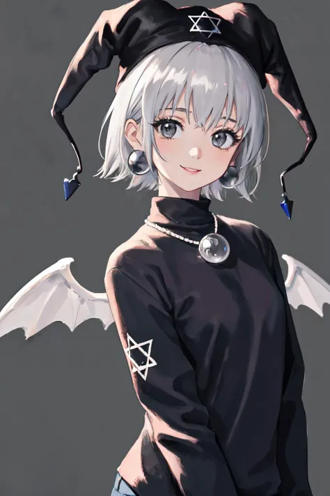 <lyco:MayuraV1-10:0.4>short hair.jester cap,jewelry,hat,plaid,hexagram.grey hair,wings, digital world, black cloth,
(best quality, masterpiece, RAW photo,ultra-detailed:1.2), <lyco:GoodHands-beta2:1.0>,1girl,solo,looking at viewer,smile