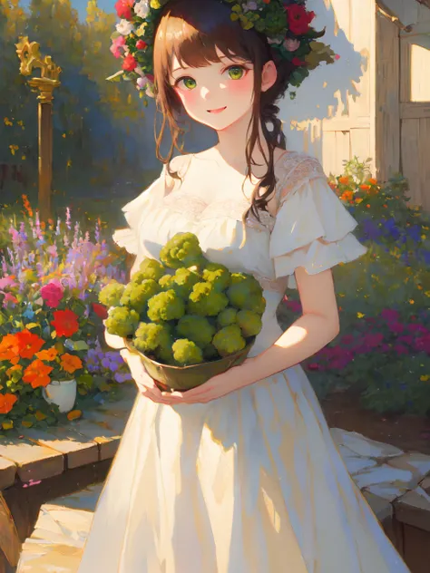 Oil_painting, Generate an image featuring a girl holding a head of broccoli in a natural setting, such as a garden or a farm. The girl should have a happy expression and the broccoli should appear fresh and healthy. The overall mood of the image should be bright and cheerful.
<lora:Oil_Painting_Pudding:1>