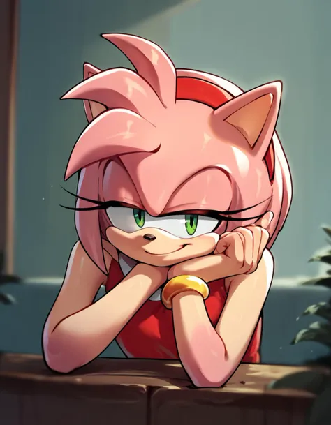 score_9, score_8_up, score_7_up, score_6_up, score_5_up, score_4_up, source_anime,  AmyRose, portrait, head rest, smirk