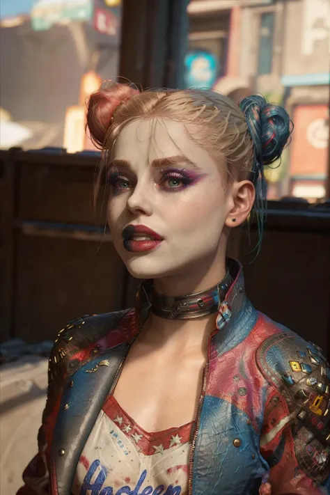 a photo of HarleySKTJL wearing a crop top,happy,detailed skin,photorealistic,twin buns hairstyle,pale makeup,leather jacket,red and blue outfit,<lora:HarleySSKTJL:0.8>, multicolored hair, makeup, blonde hair, double bun,pale skin,