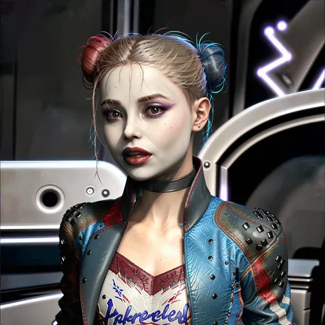 a photo of HarleySKTJL wearing a crop top, happy, detailed skin, photorealistic, twin buns hairstyle, pale makeup, leather jacket, red and blue outfit <lora:HarleySSKTJL:1>