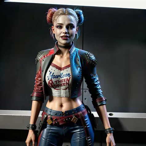 Full body shot of a 25 y.o woman, HarleySSKTJL, open long hairstyle, standing in gotham city, wears a leotard top, leather pants, boots, pale makeup, photorealistic, detailed skin, smirking expression <lora:HarleySSKTJL:0.8> <lora:HarleyQuinn:0.2>