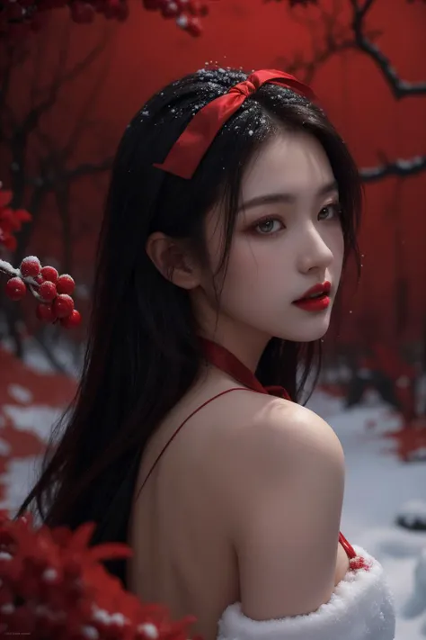 <lora:RedSnowWorld:0.9>, RedSnowWorld, best quality, masterpiece, illustration, realistic, photo-realistic, amazing, finely detail, incredibly absurdres, huge filesize, ultra-detailed, highres, extremely detailed CG unity 8k wallpaper, nsfw, A close-up shot captures the striking beauty of a young Korean woman in a desolate, snowy field. Her deep red eyeshadow is subtly complemented by the scarlet ribbon adorning her raven-black hair, which is softly tousled by the wind. She wears a form-fitting dress in shades of red and black, its plunging neckline revealing her ample cleavage. The landscape is bathed in an eerie, dark red light, casting long shadows and giving the scene a post-apocalyptic, blood-soaked feel. The stark, crimson-colored trees are leafless, and the rocks, covered in snow, are speckled with red winterberries. Despite the cold and the desolation, her radiant, fatal allure is undeniable.