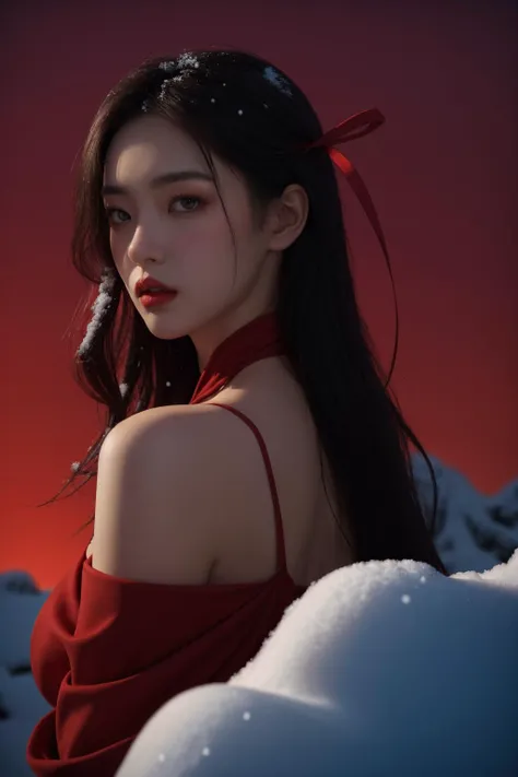 <lora:RedSnowWorld:0.9>, RedSnowWorld, best quality, masterpiece, illustration, realistic, photo-realistic, amazing, finely detail, incredibly absurdres, huge filesize, ultra-detailed, highres, extremely detailed CG unity 8k wallpaper, nsfw, A close-up shot captures the striking beauty of a young Korean woman in a desolate, snowy field. Her deep red eyeshadow is subtly complemented by the scarlet ribbon adorning her raven-black hair, which is softly tousled by the wind. She wears a form-fitting dress in shades of red and black, its plunging neckline revealing her ample cleavage. The landscape is bathed in an eerie, dark red light, casting long shadows and giving the scene a post-apocalyptic, blood-soaked feel. The stark, crimson-colored trees are leafless, and the rocks, covered in snow, are speckled with red winterberries. Despite the cold and the desolation, her radiant, fatal allure is undeniable.