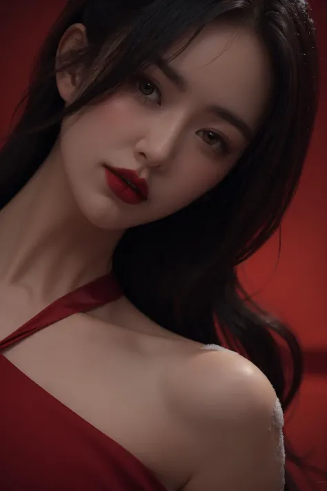 Woman, seductive eyes, red lips, cinematic lighting, close-up, saliva, licking woman penis, oral sex, sperm, to Orgasm, NSFW, UHD, masterpiece, desire, closed eyes.