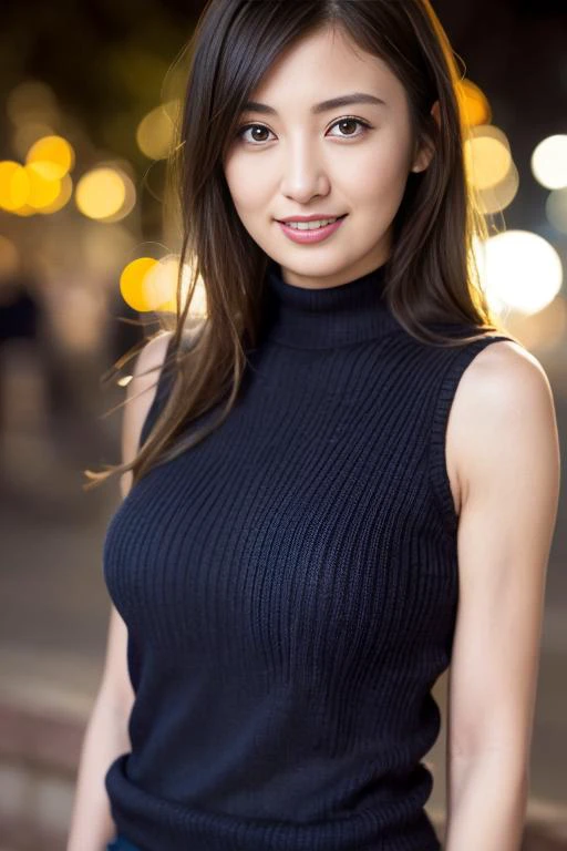 1girl,(wearing a sleeveless turtleneck sweater:1.2),(RAW photo, best quality), (realistic, photo-realistic:1.4), masterpiece, an extremely delicate and beautiful, extremely detailed, 2k wallpaper, Amazing, finely detail, extremely detailed CG unity 8k wallpaper, ultra-detailed, highres, soft light, beautiful detailed girl, extremely detailed eyes and face, beautiful detailed nose, beautiful detailed eyes,cinematic lighting,city lights at night,autumn scenery,park,perfect anatomy,slender body,smiling <lora:kumadayoko_lora:0.8>