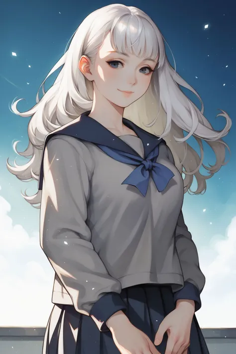 vani-13s, score_9, score_8_up, score_7_up, 1girl, naughty smile, white hair, bangs, long hair, curly hair, medium breasts, school uniform, floating particles, school, pov, <lora:Vanillaware_all_in_one_PonyXL_style_v01:1>