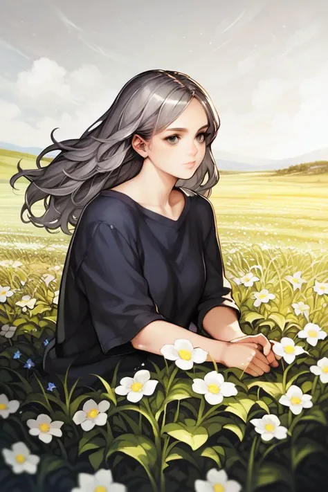 score_9, score_8_up, score_7_up, 1girl, dark grey hair, field of flowers <lora:Vanillaware_all_in_one_PonyXL_style_v01:1>
