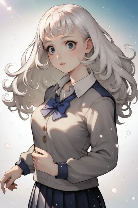 vani-13s, score_9, score_8_up, score_7_up, 1girl, wide-eyed, white hair, bangs, long hair, curly hair, medium breasts, school uniform, floating particles, school, pov, <lora:Vanillaware_all_in_one_PonyXL_style_v01:1>