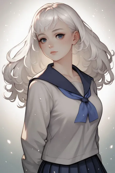 vani-13s, score_9, score_8_up, score_7_up, 1girl, smugness, white hair, bangs, long hair, curly hair, medium breasts, school uniform, floating particles, school, pov, <lora:Vanillaware_all_in_one_PonyXL_style_v01:1>