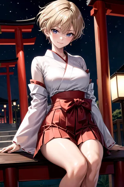 (masterpiece, best quality, detailed), 1girl, solo, harukasm, looking at viewer,
miko, japanese clothes, red hakama, hakama skirt, wide sleeves, white kimono, ribbon trim, outdoors, night, torii, shrine, east asian architecture, sitting, crossed legs, smile, closed mouth