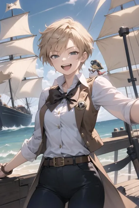 <lora:harukasm-000030:1>, harukasm, pirate ship, pirate, pirate costume, jolly roger, brown vest, pants,
1girl, laughing