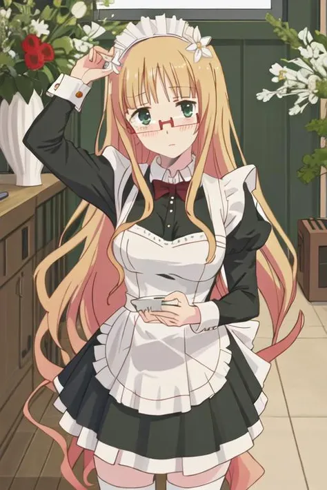 Ichigo Mashimaro, 1girl, solo,blue eyes, blonde hair, long hair,glasses, tray, waitress, maid, heart,looking at viewer, :o, <lora:Ichigo Mashimaro:0.8>