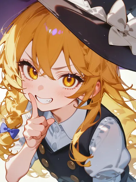 1girl, kirisame marisa, solo, hat, blonde hair, witch hat, yellow eyes, smile, upper body, short sleeves, braid, long hair, hair between eyes, looking at viewer, black headwear, shirt, white shirt, puffy sleeves, vest, puffy short sleeves, single braid, grin, black vest, finger to mouth, buttons, teeth, bow, index finger raised, ribbon, hat bow, blush, high quality, masterpiece, very aesthetic, recent