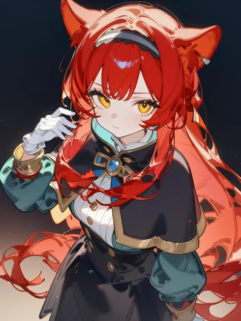 1girl, solo, long hair, red hair, long sleeves, capelet, animal ears, skirt, black skirt, black capelet, looking at viewer, closed mouth, shirt, bangs, yellow eyes, white shirt, sketch, very long hair, hairband, gloves, hand up, puffy sleeves, white gloves, high quality, masterpiece, very aesthetic, recent