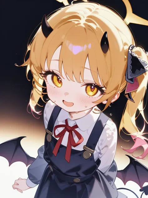 1girl, ibuki, blue archive, horns, halo, wings, tail, blonde hair, solo, pinafore dress, demon horns, white shirt, demon tail, yellow eyes, shirt, white background, simple background, demon wings, dress, yellow halo, open mouth, sleeveless dress, ribbon, black wings, long hair, blush, black horns, collared shirt, black tail, sleeveless, long sleeves, side ponytail, looking at viewer, neck ribbon, smile, black dress, cowboy shot, sweat, red ribbon, low wings, demon girl, black ribbon, high quality, masterpiece, very aesthetic, recent