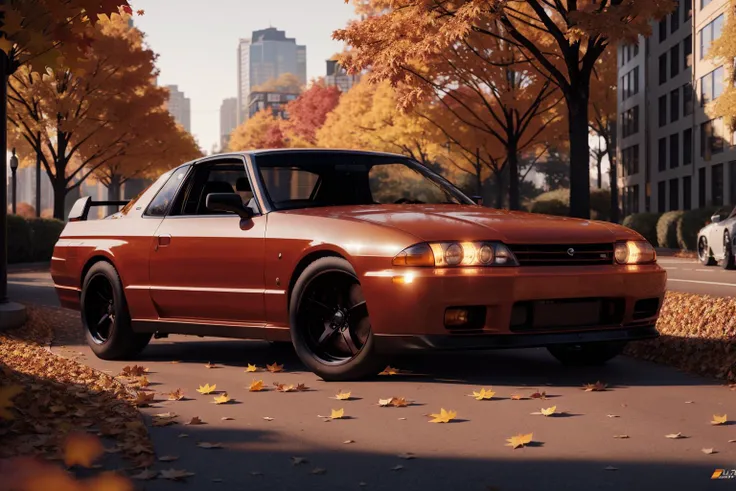 SKYLINER32, sports car parked on a street covered with leaves in autumn in a (city:1.3), fall, global illumination, volumetric lighting, best quality, highly detailed, cgi, illustration, octane render, <lora:SKYLINER32:0.6>