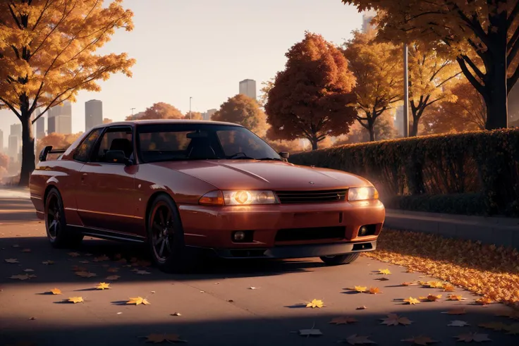 SKYLINER32, sports car parked on a street covered with leaves in autumn in a (city:1.3), fall, global illumination, volumetric lighting, best quality, highly detailed, cgi, illustration, octane render, <lora:SKYLINER32:0.6>