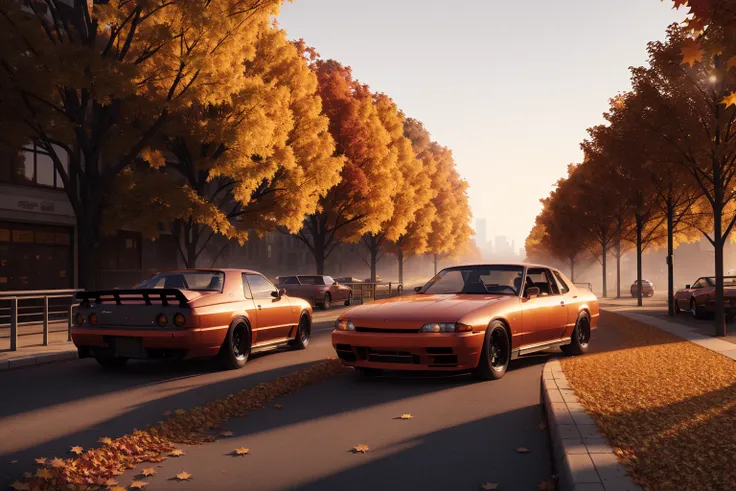 SKYLINER32, sports car parked on a street covered with leaves in autumn in a (city:1.3), fall, global illumination, volumetric lighting, best quality, highly detailed, cgi, illustration, octane render, <lora:SKYLINER32:0.6>