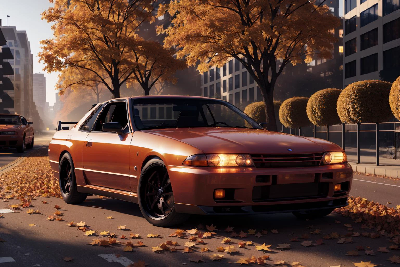 SKYLINER32, sports car parked on a street covered with leaves in autumn in a (city:1.3), fall, global illumination, volumetric lighting, best quality, highly detailed, cgi, illustration, octane render, <lora:SKYLINER32:0.6>