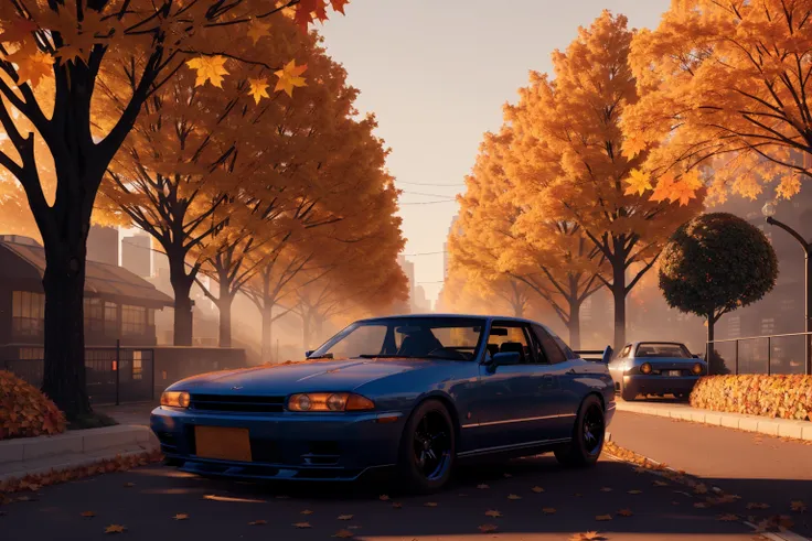 SKYLINER32, sports car parked on a street covered with leaves in autumn in a (city:1.3), fall, global illumination, volumetric lighting, best quality, highly detailed, cgi, illustration, octane render,  <lora:SKYLINER32:0.6>