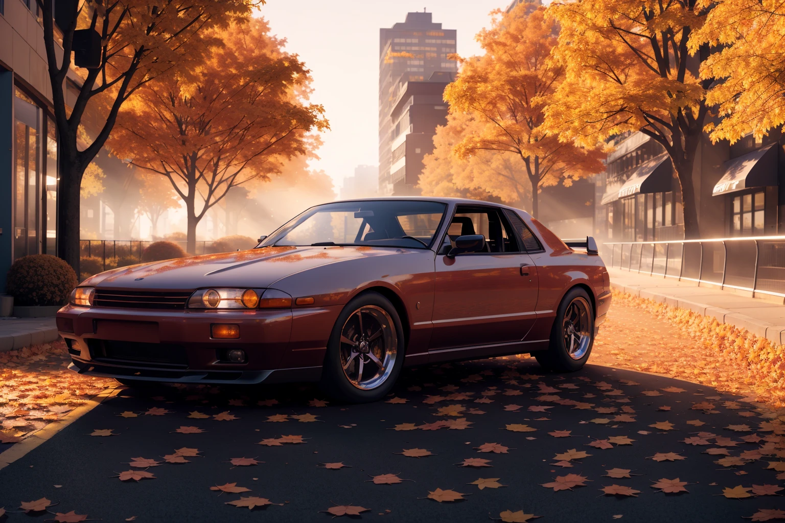 SKYLINER32, sports car parked on a street covered with leaves in autumn in a (city:1.3), fall, global illumination, volumetric lighting, best quality, highly detailed, cgi, illustration, octane render, <lora:SKYLINER32:0.6>