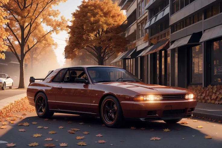 SKYLINER32, sports car parked on a street covered with leaves in autumn in a (city:1.3), fall, global illumination, volumetric lighting, best quality, highly detailed, cgi, illustration, octane render,  <lora:SKYLINER32:0.6>