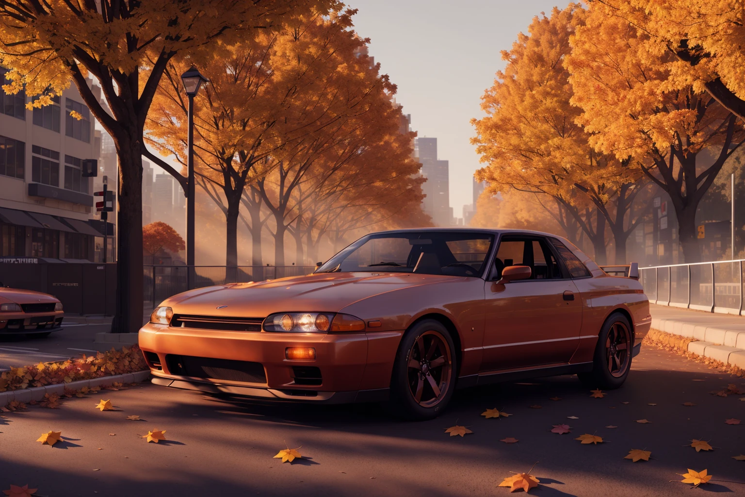 SKYLINER32, sports car parked on a street covered with leaves in autumn in a (city:1.3), fall, global illumination, volumetric lighting, best quality, highly detailed, cgi, illustration, octane render, <lora:SKYLINER32:0.6>