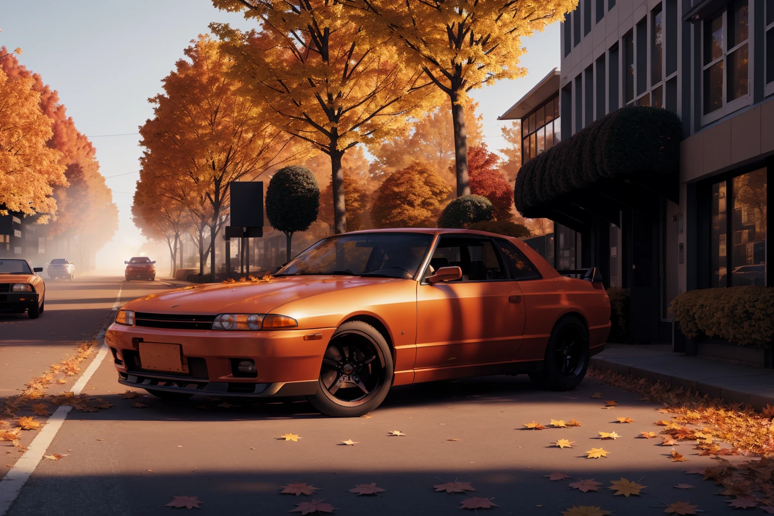SKYLINER32, sports car parked on a street covered with leaves in autumn in a (city:1.3), fall, global illumination, volumetric lighting, best quality, highly detailed, cgi, illustration, octane render, <lora:SKYLINER32:0.6>