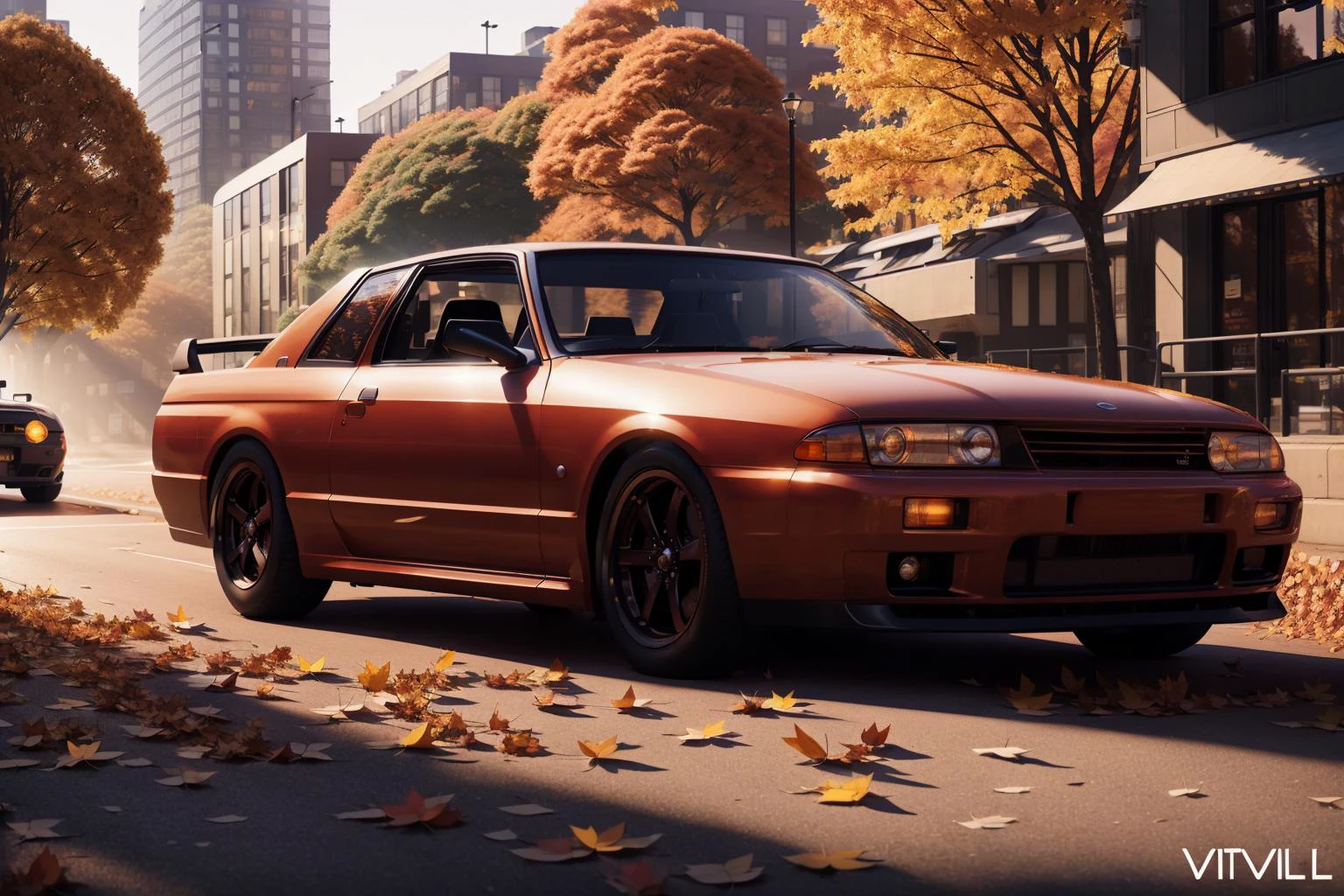 SKYLINER32, sports car parked on a street covered with leaves in autumn in a (city:1.3), fall, global illumination, volumetric lighting, best quality, highly detailed, cgi, illustration, octane render, <lora:SKYLINER32:0.6>