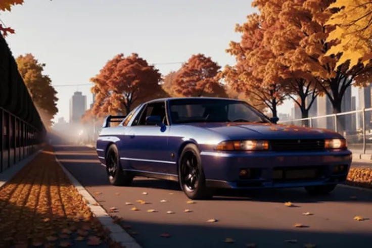 SKYLINER32, sports car parked on a street covered with leaves in autumn in a (city:1.3), fall, global illumination, volumetric lighting, best quality, highly detailed, cgi, illustration, octane render, <lora:SKYLINER32:0.6>