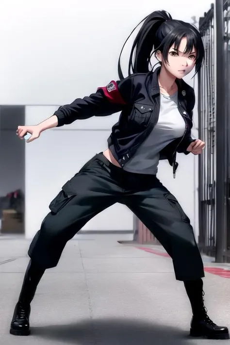 1girl,solo,long hair,ponytail,bangs,grey eyes,black hair,breasts,large breasts,black eyes,ribbon,hair ribbon,medium breast,elbow gloves,((Utility_jacket:1.4),(Cargo_pants:1.3),(Combat_boots:1.2),(Army_barracks_background:1.4)),(frightened face),(Pretending to hit a baseball),<lora:RyÅ Mimasaka Air Gear:0.8>,