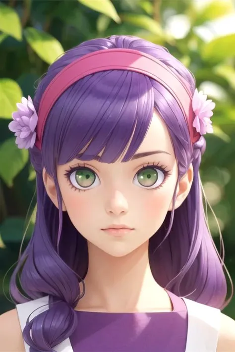 masterpiece, best quality, wallpaper, 1girl, solo, looking at viewer, upper body, depth of field, , realistic, <lora:mako_saitou:0.74>, mako_saitou, purple hair, green eyes, , skullcap, ,