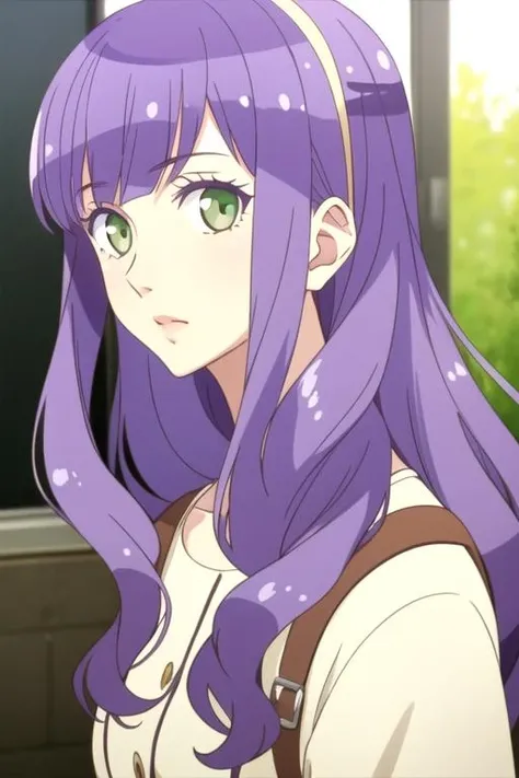 masterpiece, best quality, , 1girl, solo, looking at viewer, upper body, depth of field, ligne claire, realistic, <lora:mako_saitou:0.74>, mako_saitou, purple hair, green eyes