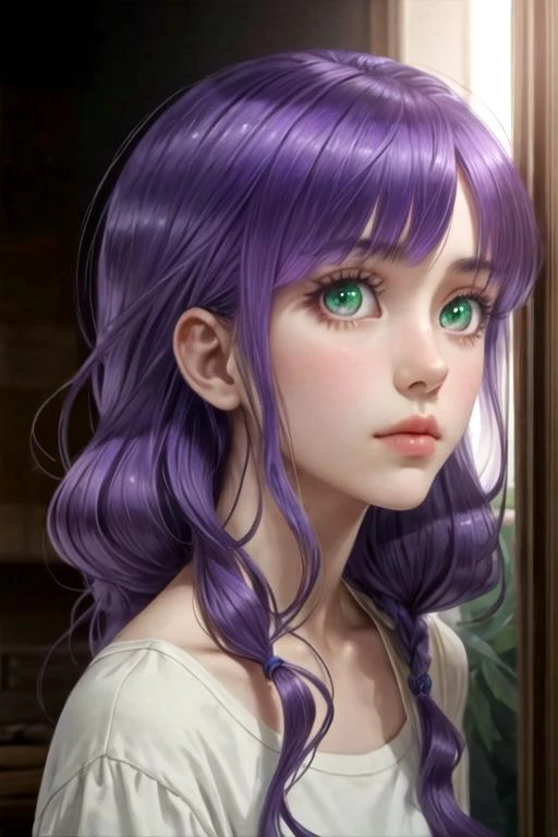 masterpiece, best quality, movie still, 1girl, solo, looking at viewer, upper body, , ligne claire, realistic, <lora:mako_saitou:0.68>, mako_saitou, purple hair, green eyes, , , 8k resolution