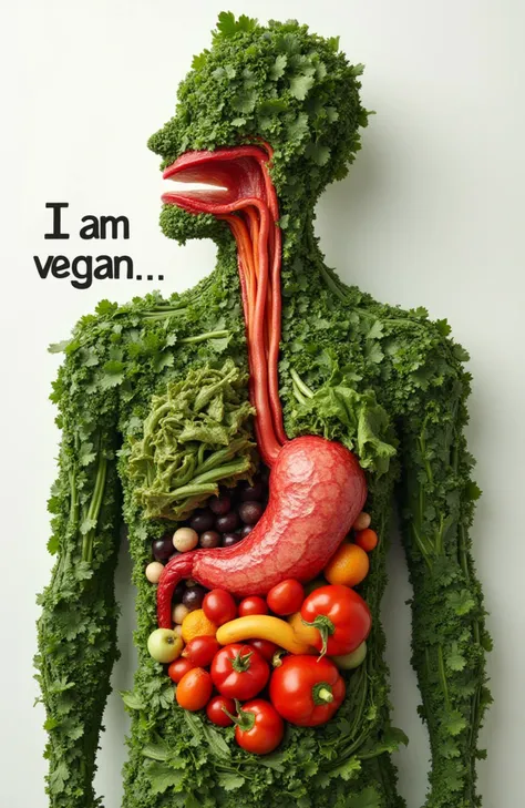 A woman is biting into the stomach of a man made of different vegetables and has a stream text: "I am vegan"