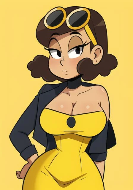 <lora:thicc_qt:0.6> thicc_qt, bust shot, looking at the viewer, jacket, yellow strapless dress, black eyes, female, well-endowed,