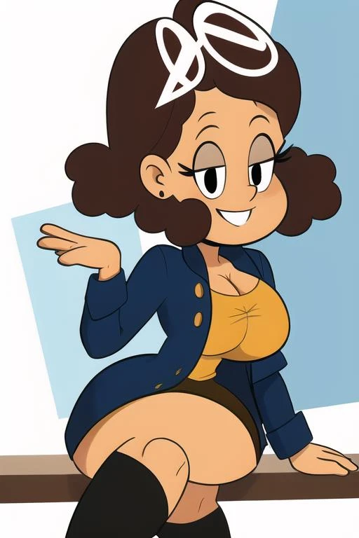 STICKER, (solid outline:1.3), (NSFW:1.2), (masterpiece:1.2), (best quality), (ultra detailed), (8k, 4k, intricate), (full-body-shot:1), (highly detailed:1.2), (detailed face:1.2), (dynamic pose:1.2), Velma Dinkley showing her bare breasts, 1girl, solo female, bare breasts, kneeling down legs together, short hair, skirt, large breasts, brown hair, brown eyes, pantyhose, pleated skirt, glasses, hands behind her head, exposed breasts, shoes, full-length, ((full body))