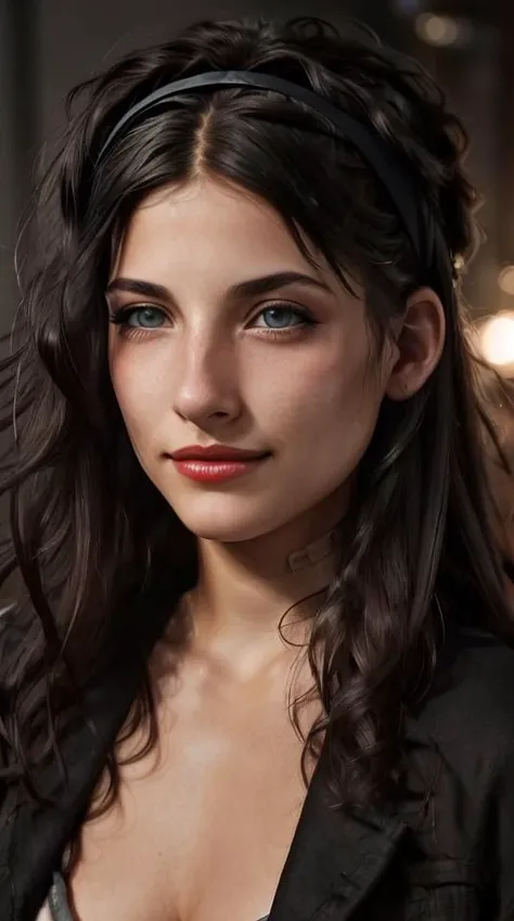 Photo of <lora:TR:0.9>, (sharp focus:1.2), attractive young woman, (beautiful face:1.1), detailed eyes, red lips, (eyeshadow:1.2), (winged eyeliner:1.2), (subtle smile:1.35), body freckles, (medium breasts:1.0), (toned body:1.2), (black hair:1.2), wearing (headband, open jacket:1.2) at (club:1.2). (dreamy lighting:1.2), depth of field, bokeh, 4K, HDR. by (James C. Christensen:1.2|Jeremy Lipking:1.1).