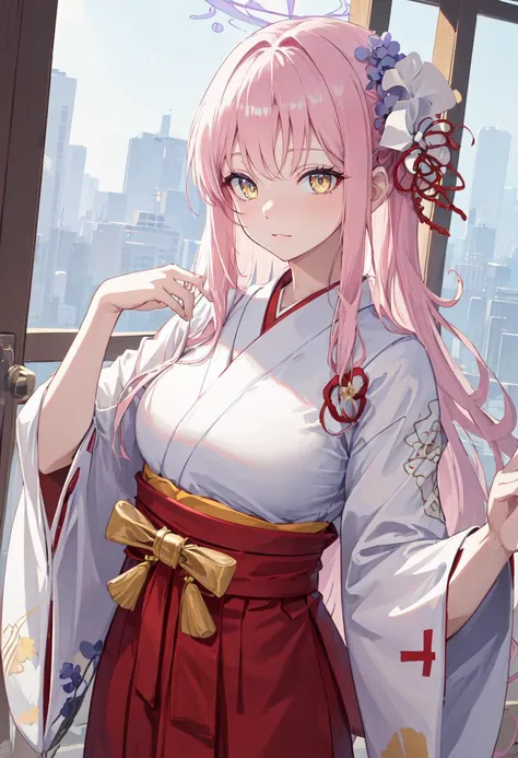 best quality, masterpiece, highres, solo, (mika_bluearchive:1.10), (white kimono:1.35), (red hakama:1.35), (wide sleeves:1.20), 31 <lora:mika_bluearchive:0.80>