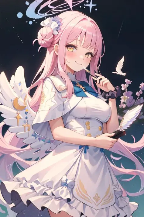 best quality, masterpiece, highres, solo, {mika_bluearchive:1.15}, pink_hair, halo, bangs, yellow_eyes, long_hair, hair_ornament, hair_bun, single_side_bun, hair_flower, flower, scrunchie, wings, blush, smile, breasts, white_wings, bow, angel_wings, feathered_wings, blue_bow, wrist_scrunchie, low_wings, very_long_hair, 1girl, capelet, dress, looking_at_viewer, white_dress, closed_mouth, upper_body, white_capelet